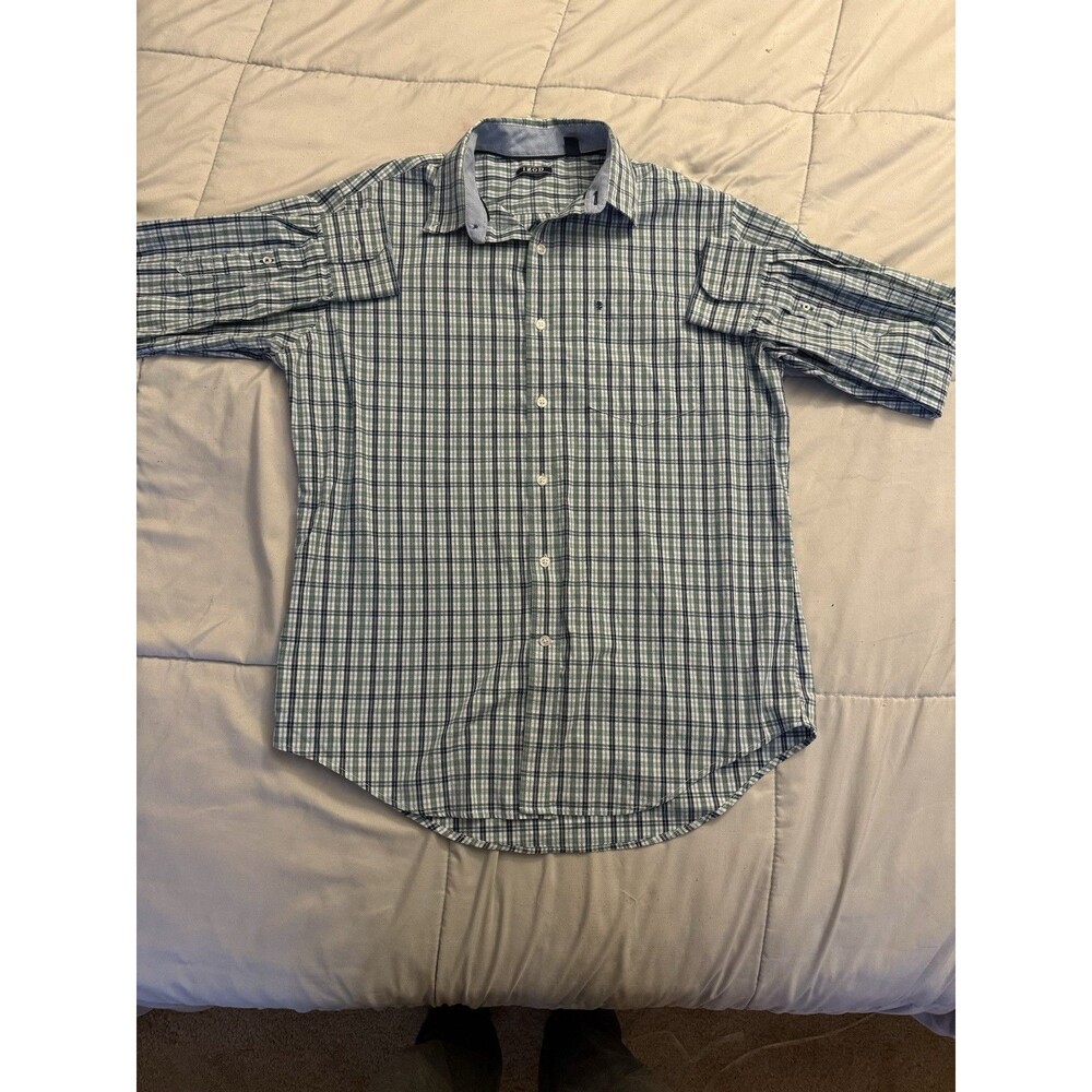 Izod Mens M Regular Cotton Button up plaid mini logo preppy collar Green/blue